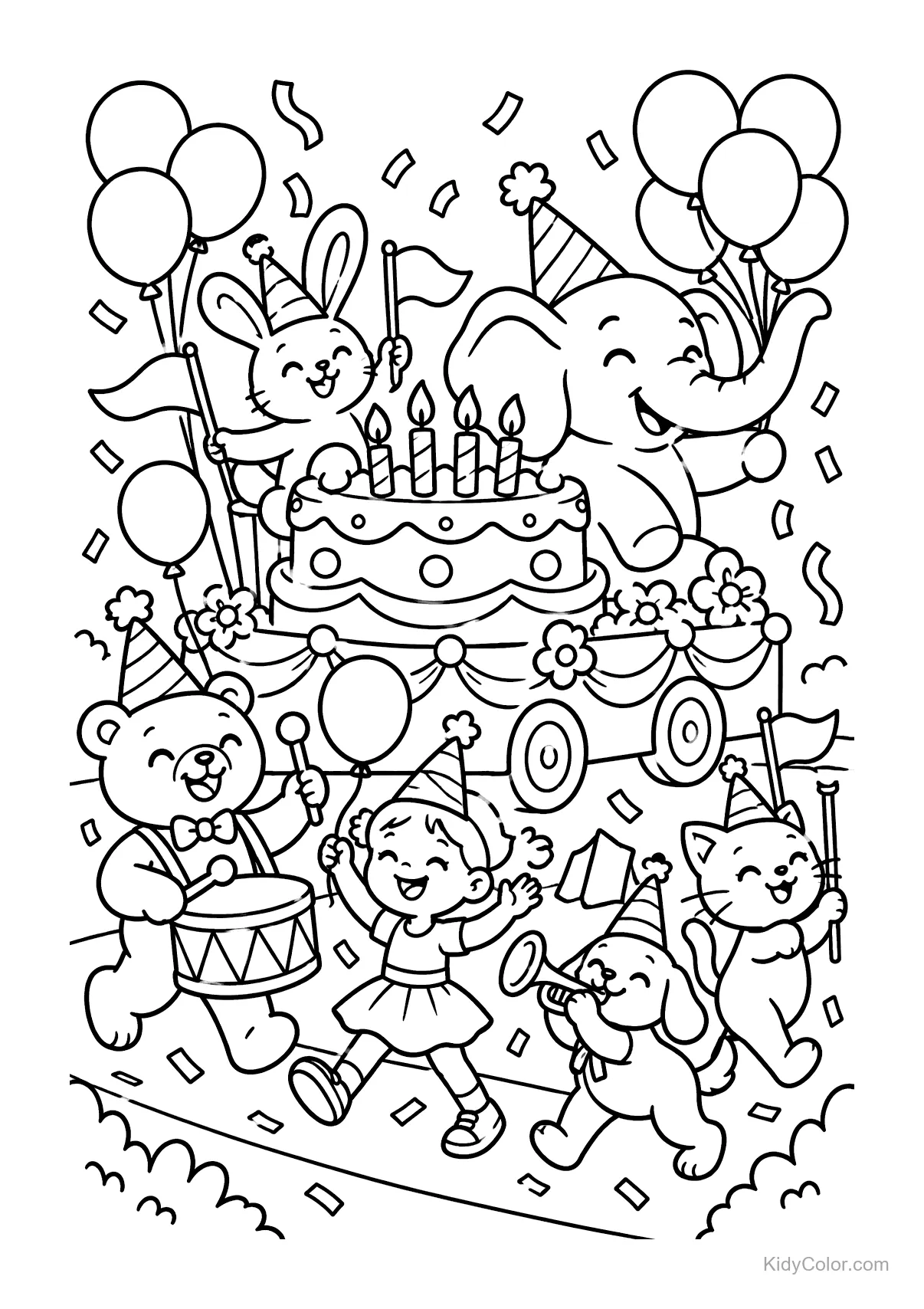 Elefant, Hase, Bär und andere in einer Geburtstagsparade mit Kuchen.