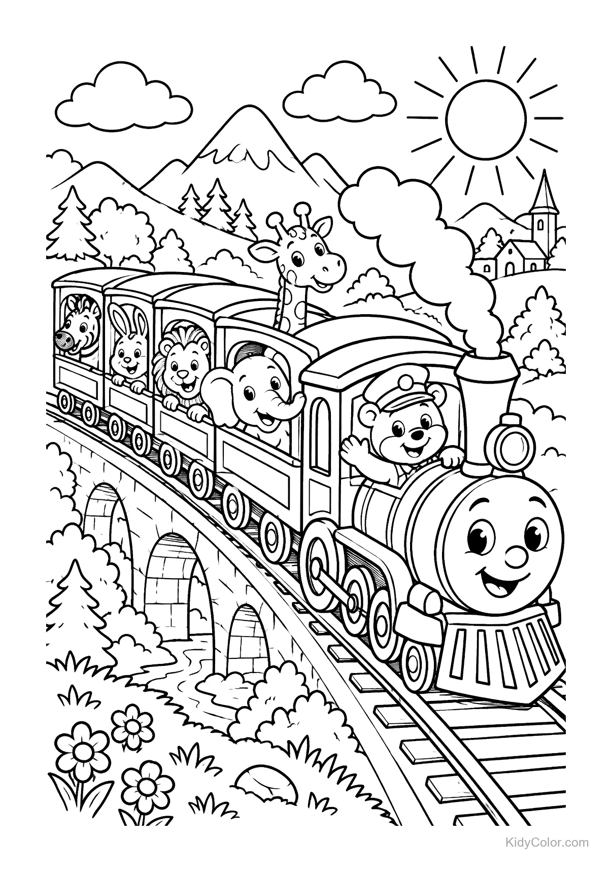 A train with smiling animals on a track, sun, and mountains.
