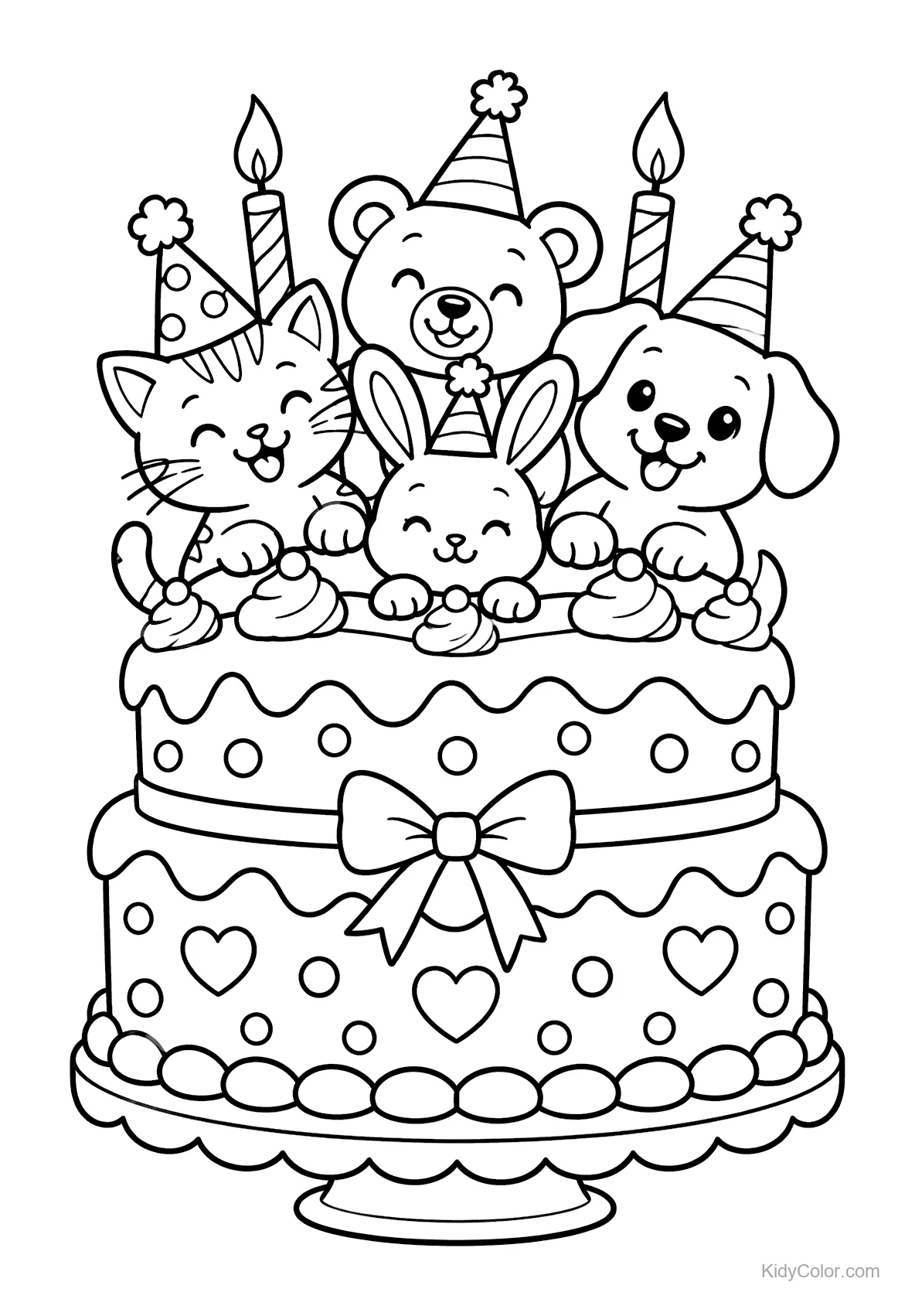 Bear, cat, rabbit, and dog in party hats with birthday cake.