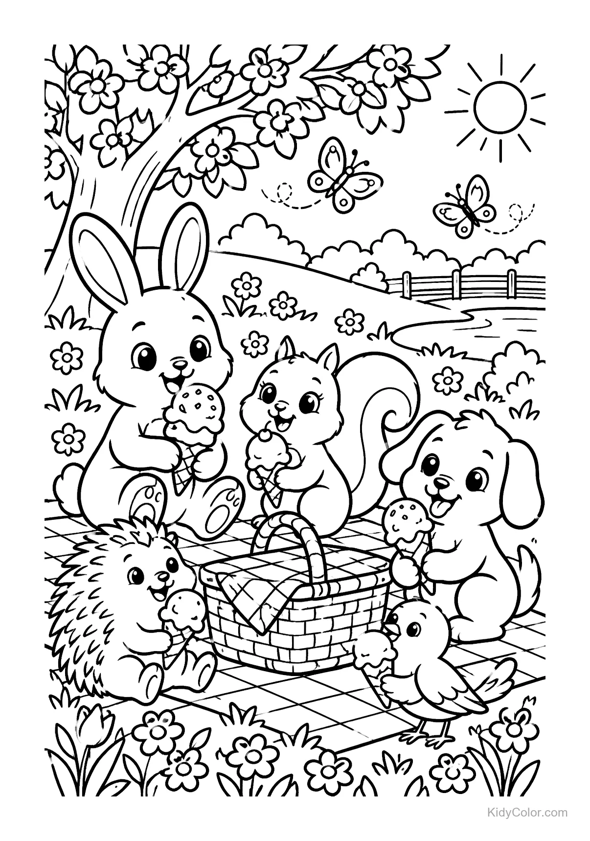 Animales en un prado con conos de helado y canasta de picnic.