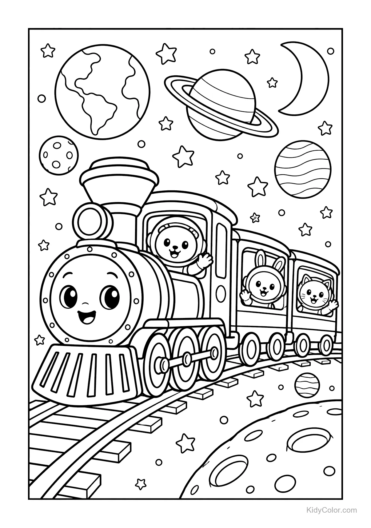 A train with smiling animal passengers travels through space with planets and stars.
