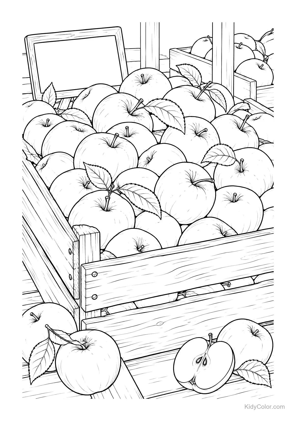 A market stall filled with crates of apples, some whole and some sliced.