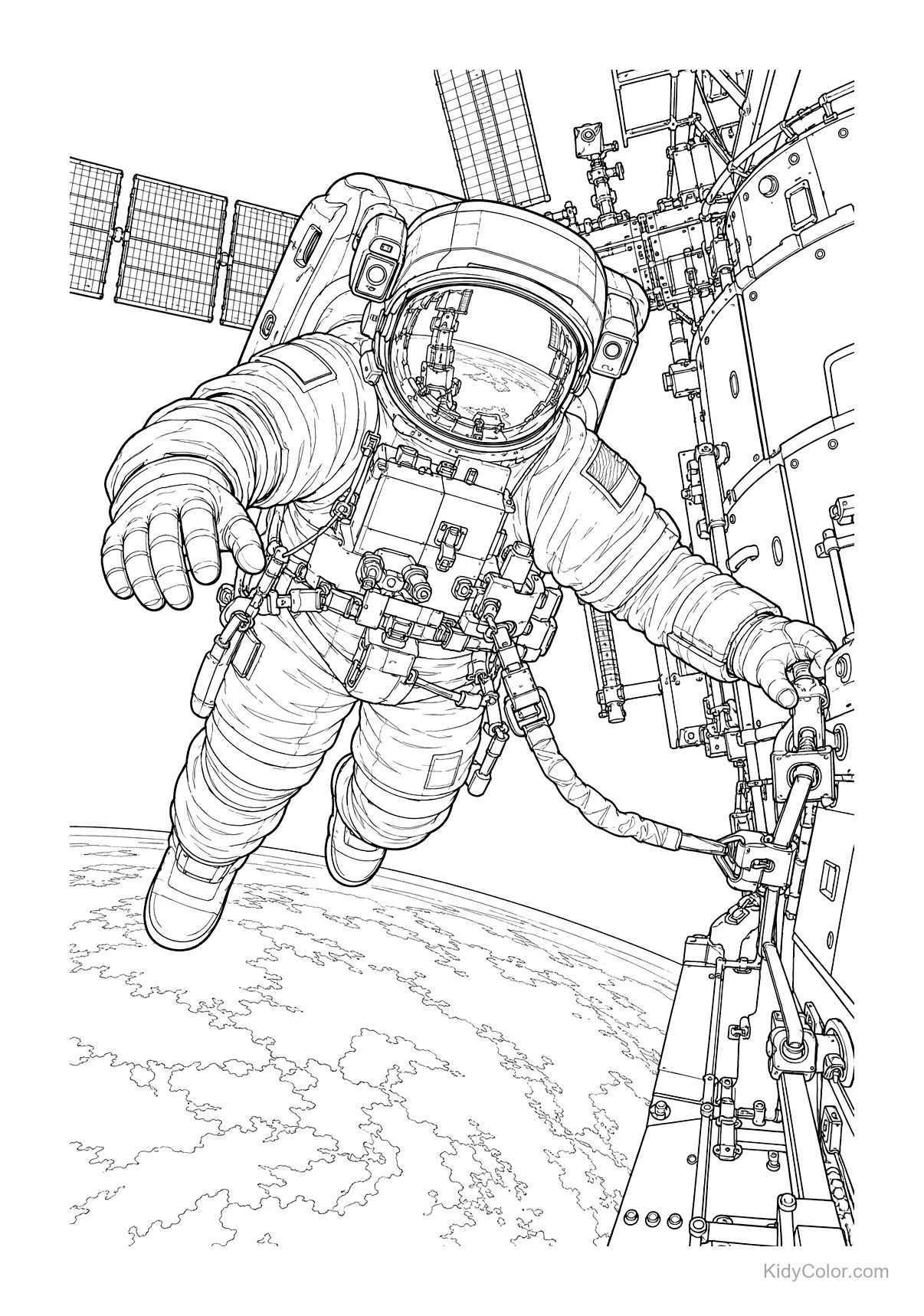 Astronaut in a space suit floating near a space station above Earth.