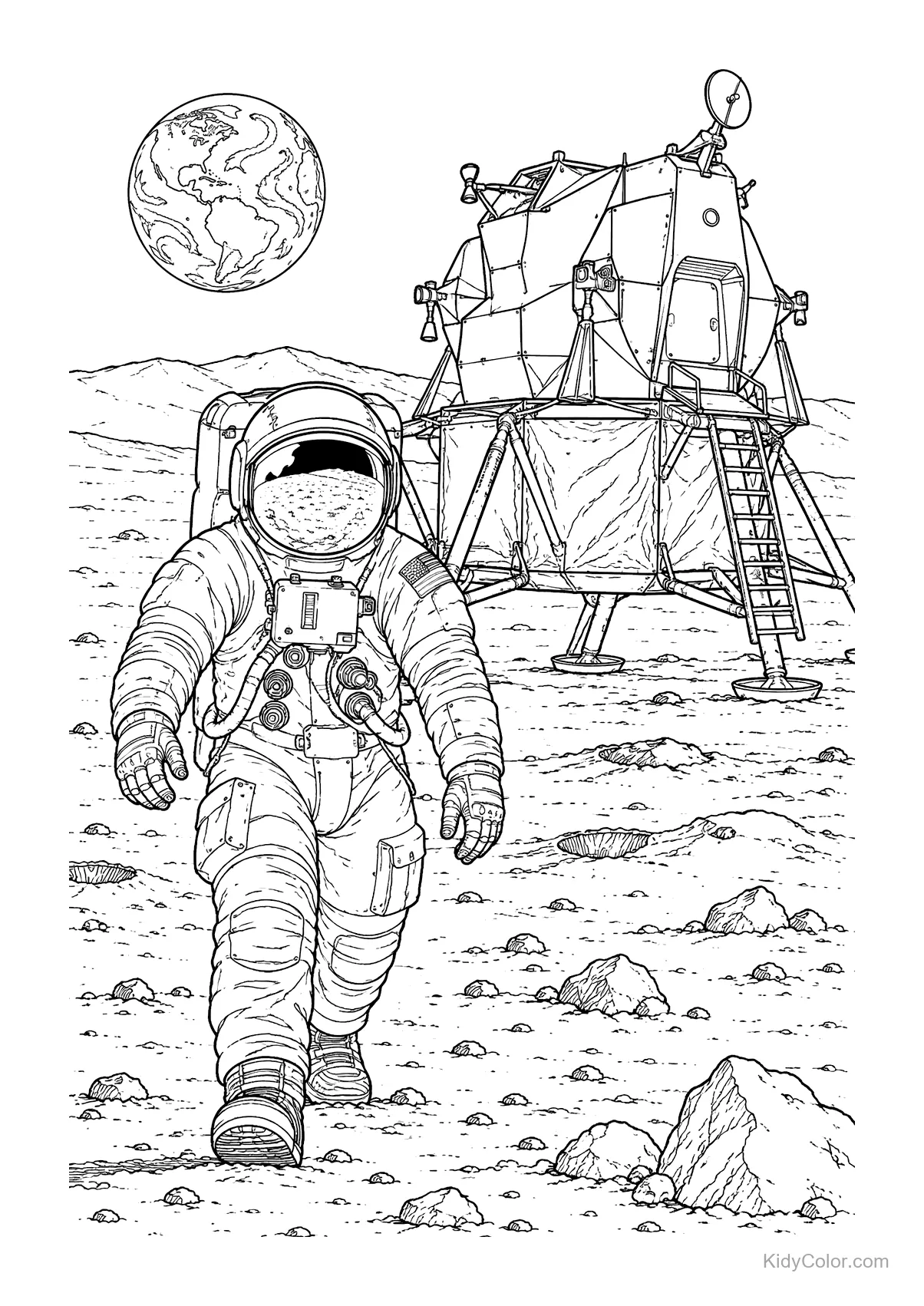 Astronaut on the moon with a lunar module and Earth in the background.