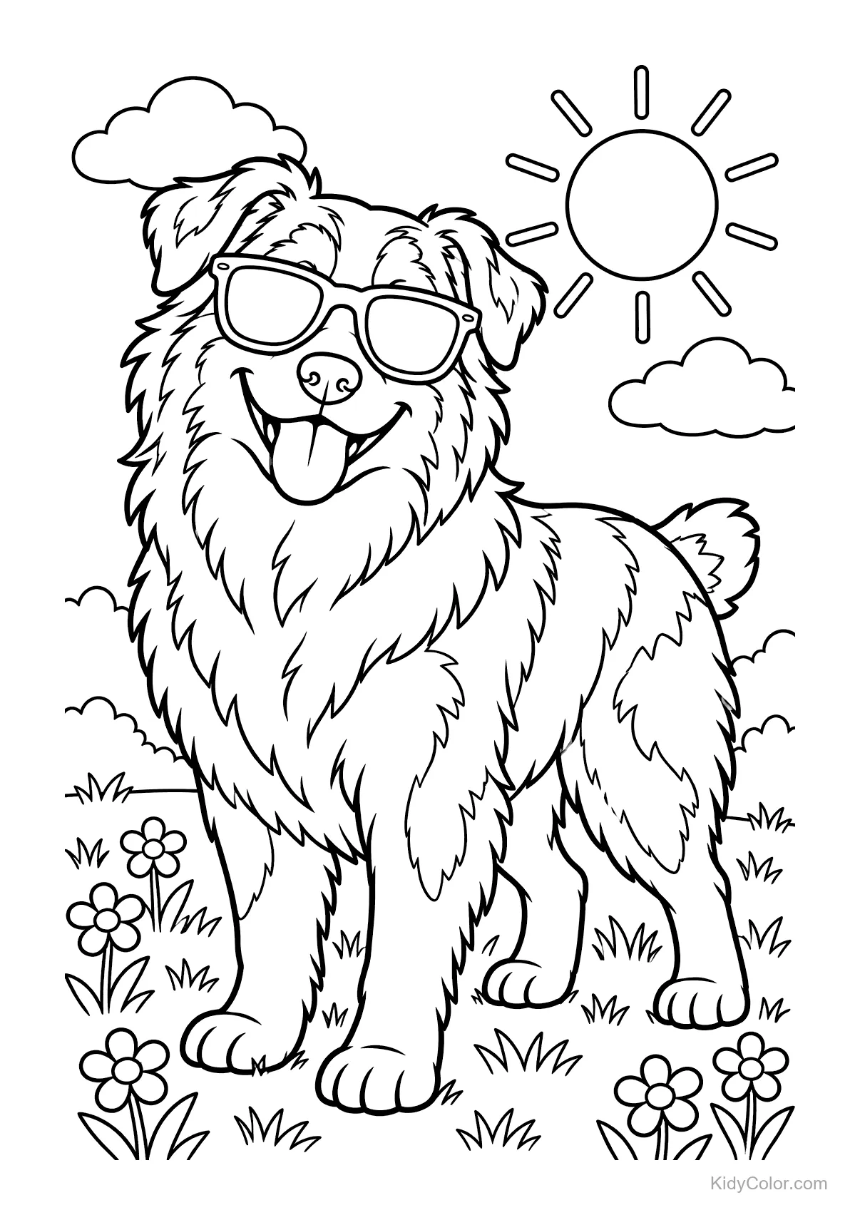Berger australien avec lunettes de soleil sous le soleil et des fleurs.