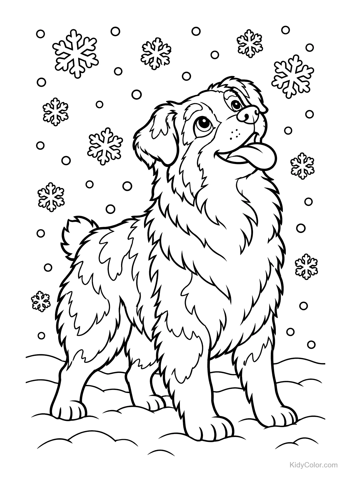 Australischer Schäferhund steht im Schnee mit Schneeflocken.