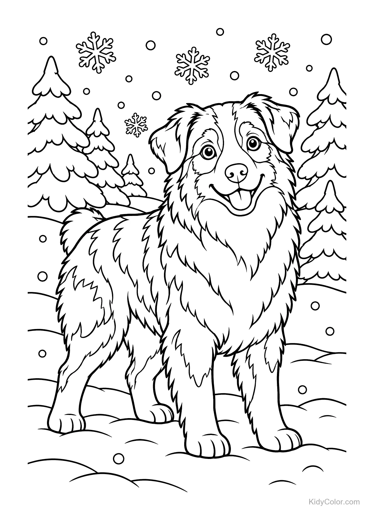 Australischer Schäferhund im Schnee mit Bäumen und Schneeflocken.