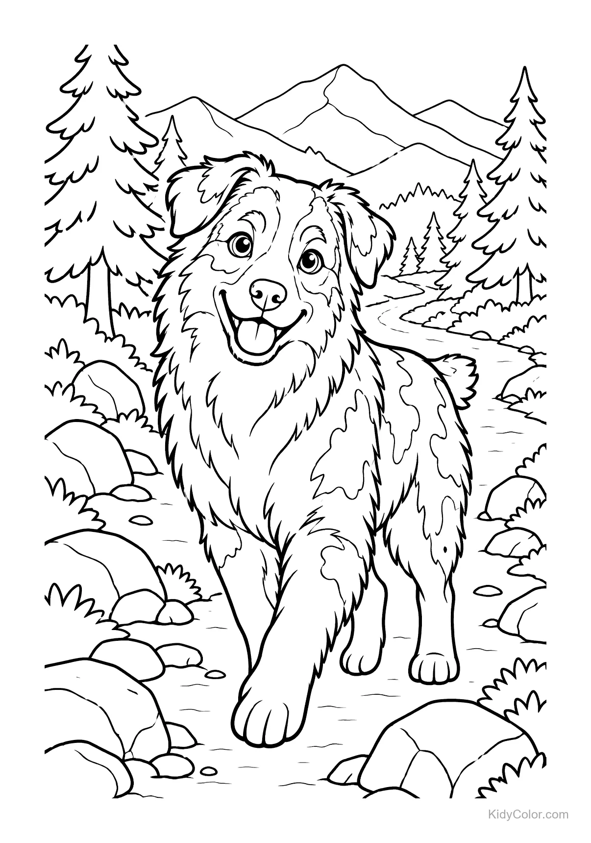 Australian Shepherd auf einem gewundenen Pfad mit Bäumen und Bergen.