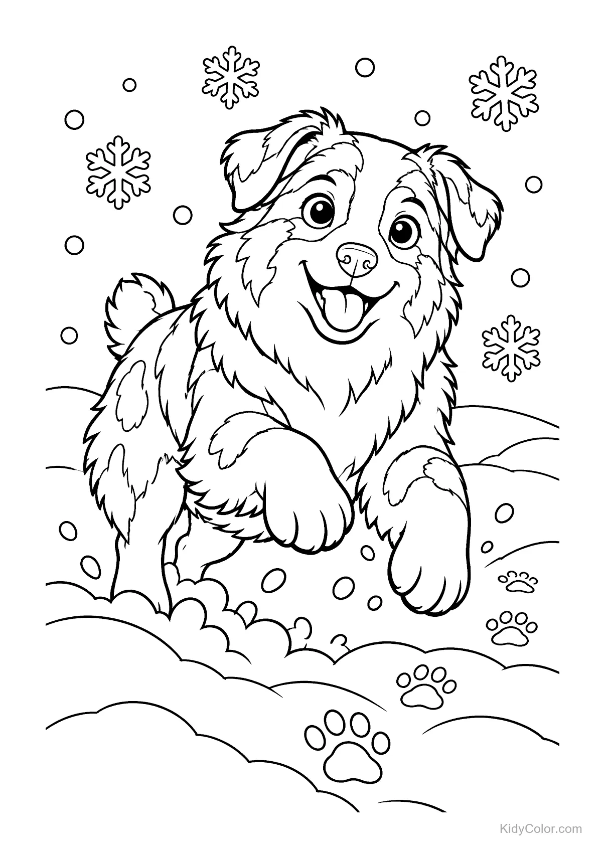 Un chien Berger australien jouant joyeusement dans la neige avec des flocons.