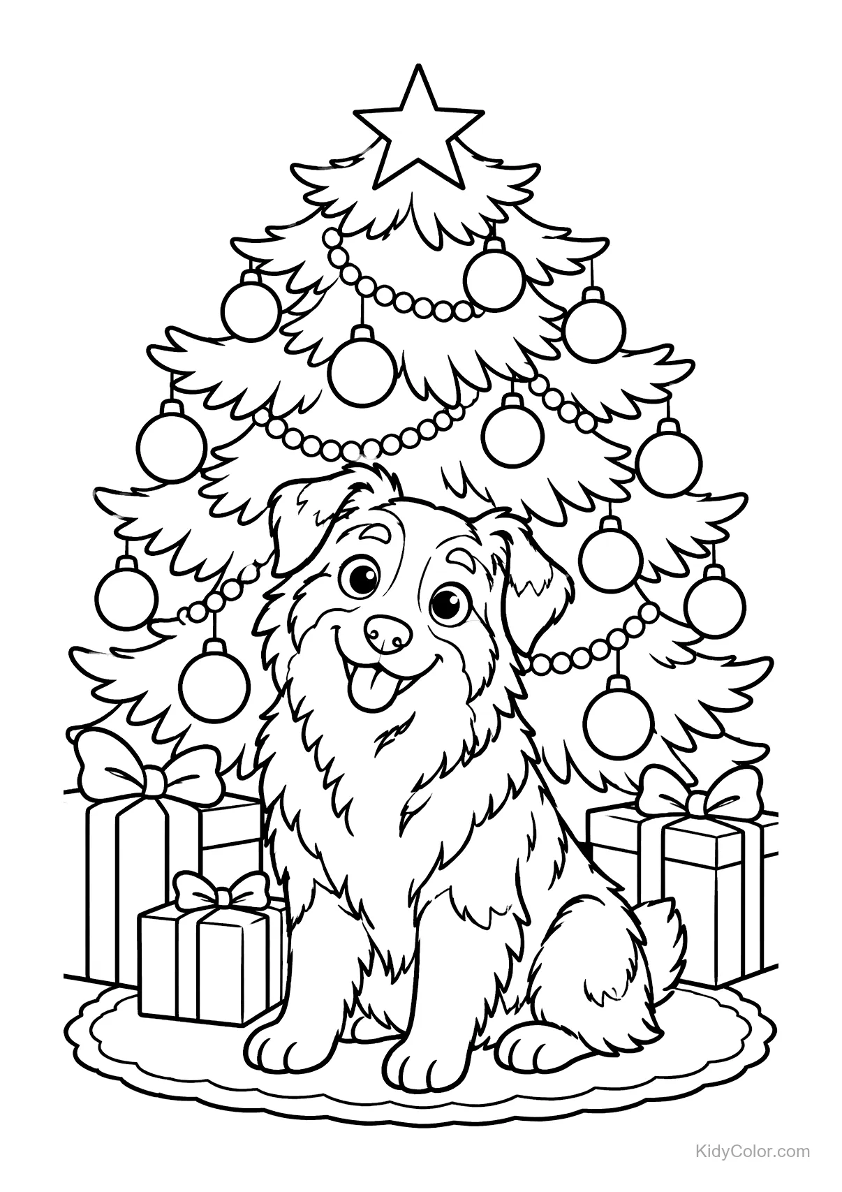 Australischer Schäferhund sitzt unter einem geschmückten Weihnachtsbaum mit Geschenken.