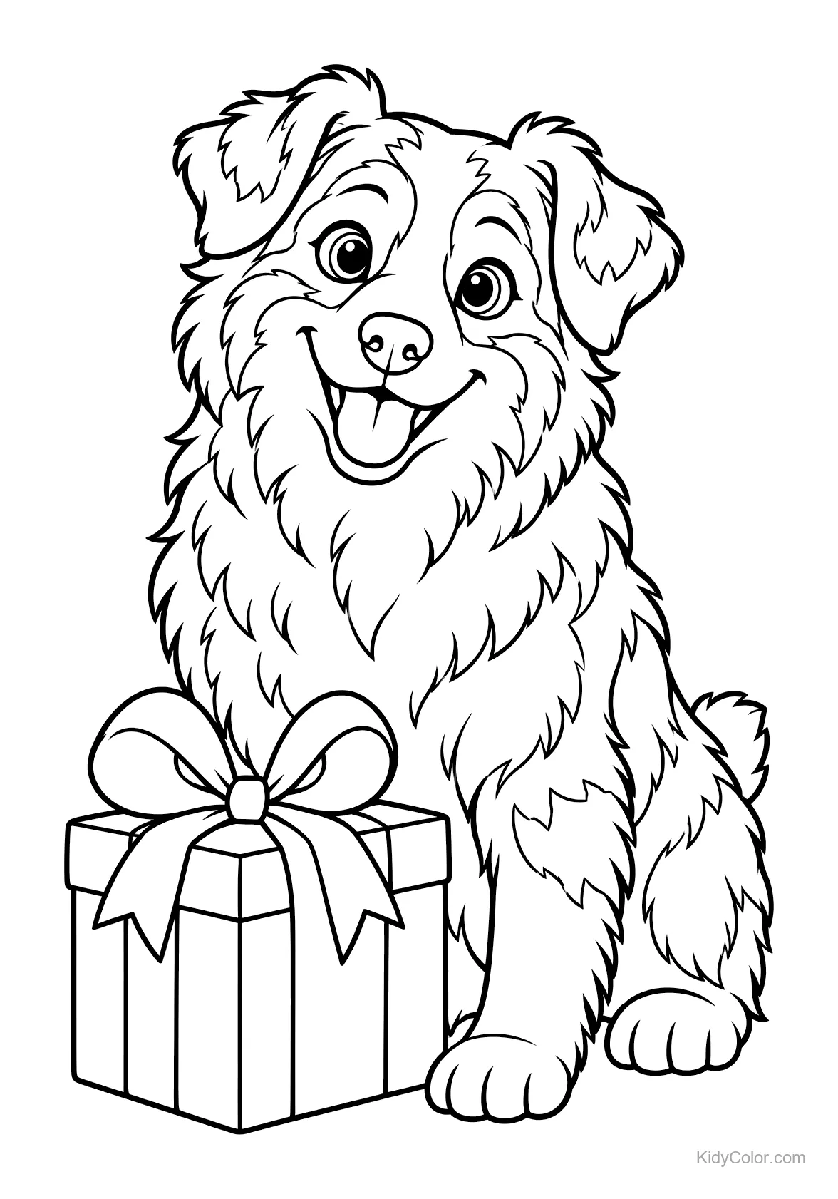 Australian Shepherd sitzt neben einem verpackten Weihnachtsgeschenk mit Schleife.