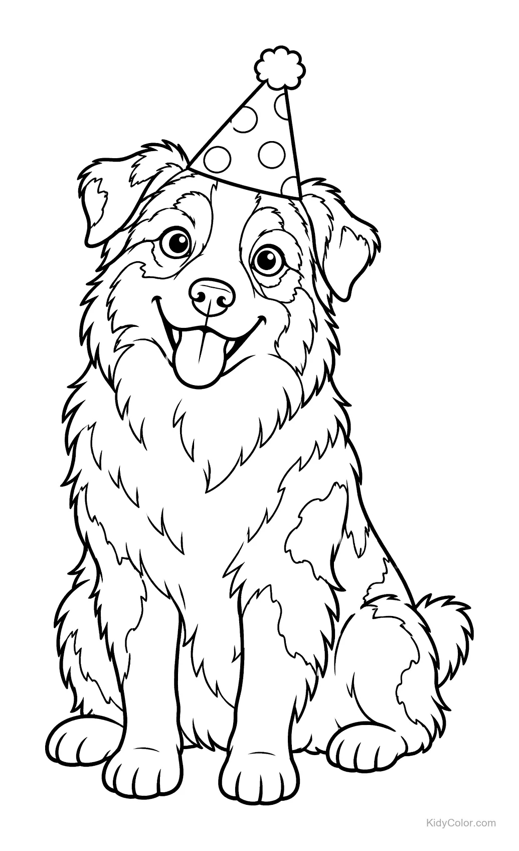 Australian Shepherd sitting wearing a party hat.