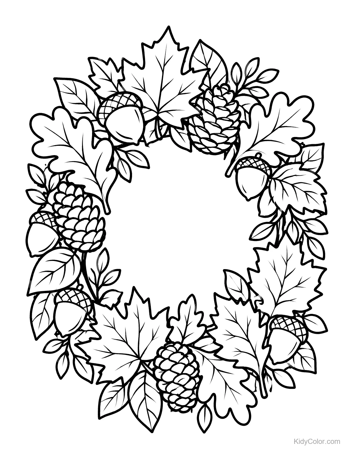 Wreath made of autumn leaves, acorns, and pinecones.