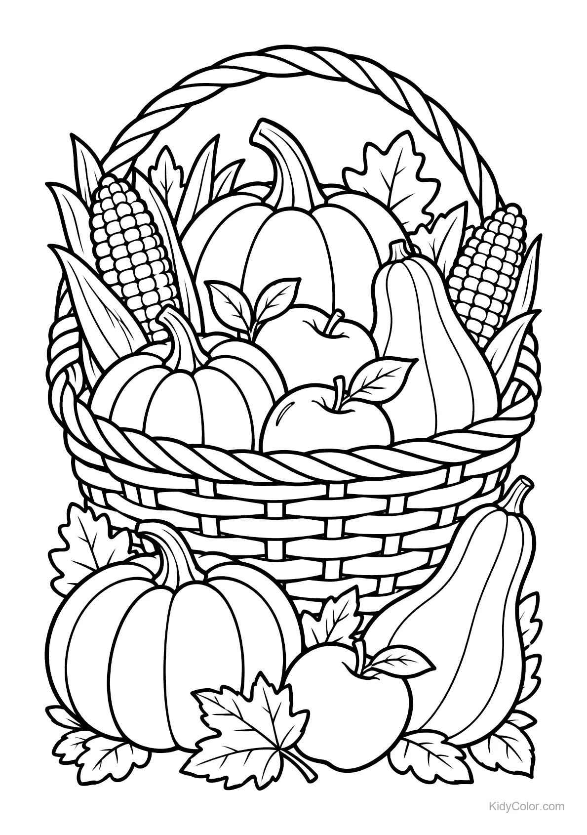 Basket of pumpkins, apples, corn, and leaves.