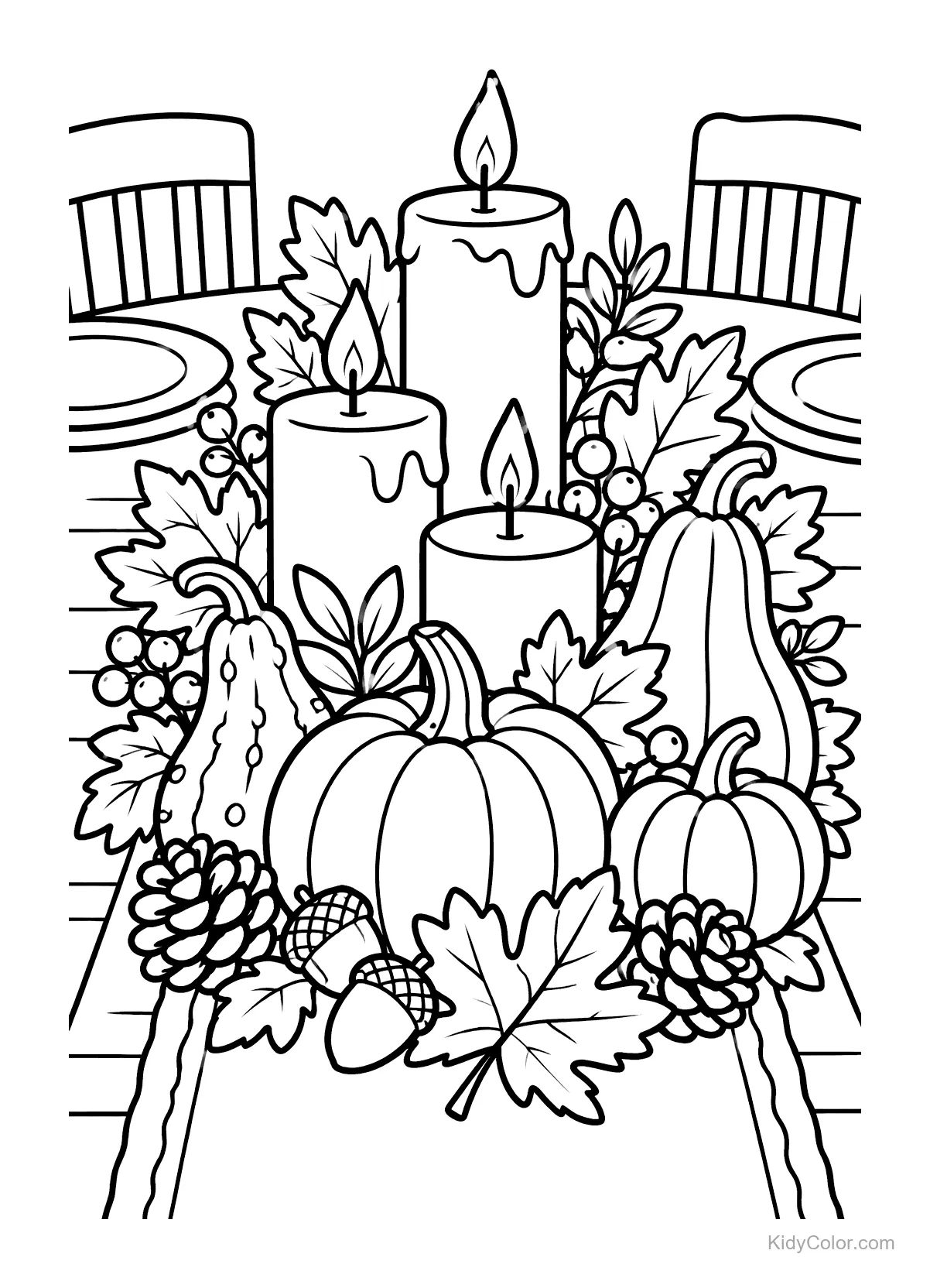 Candlelit centerpiece with pumpkins, leaves, and berries on a table.