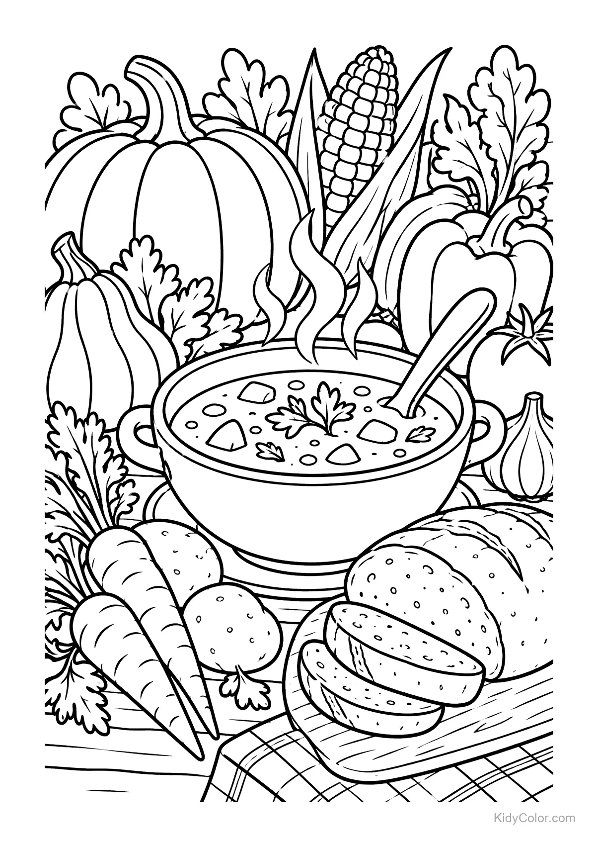 A bowl of soup with pumpkins, corn, and bread around it.