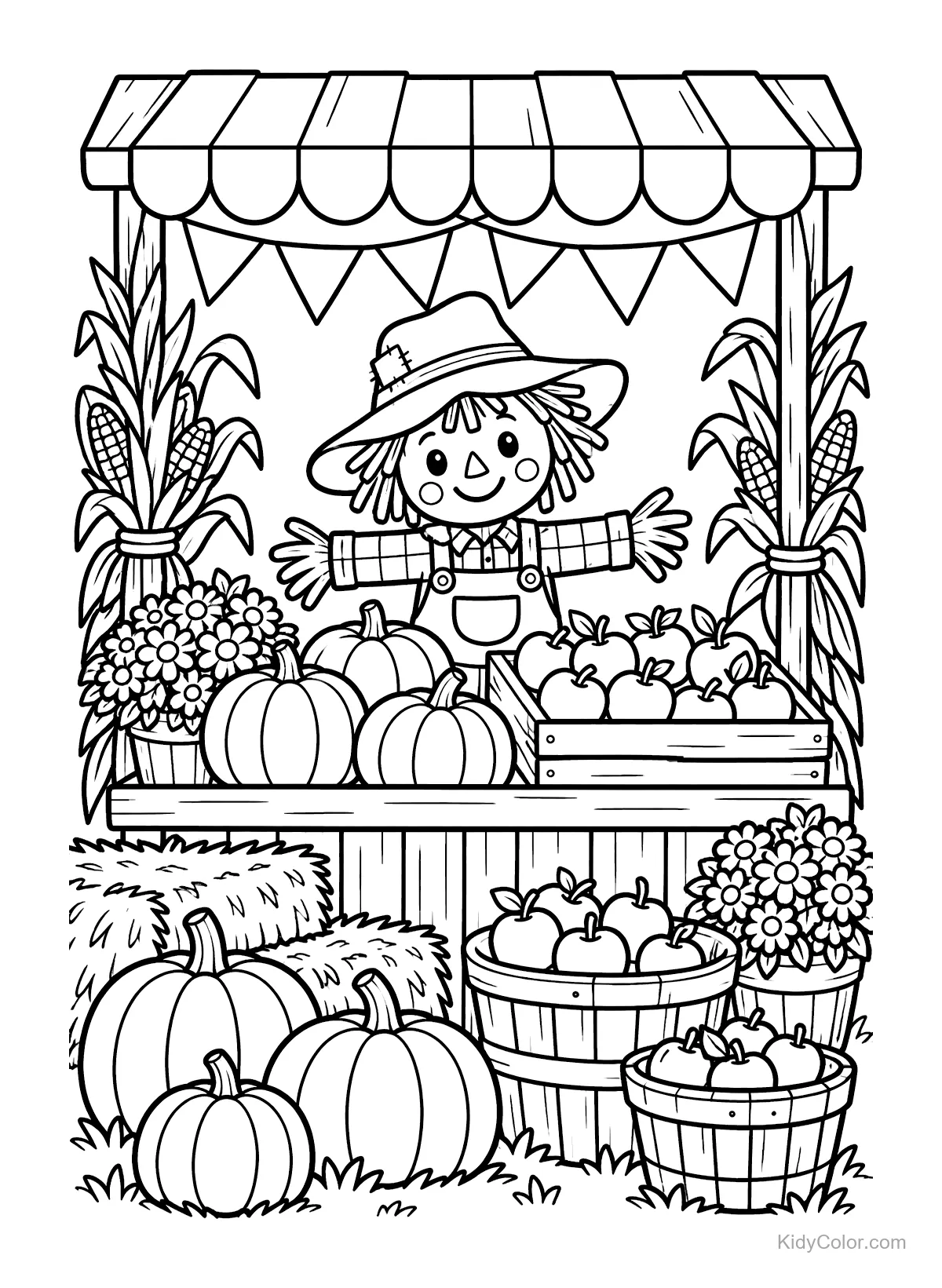 Scarecrow at a market stand with pumpkins and apples.