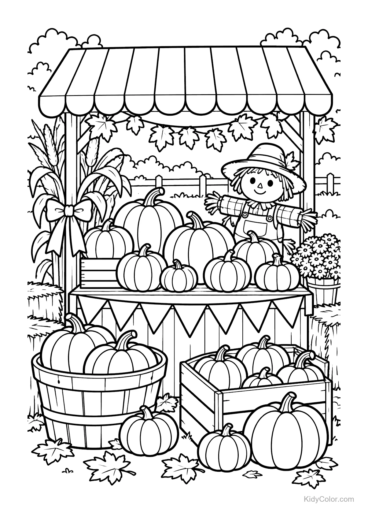 Pumpkin market stand with a scarecrow and pumpkins.