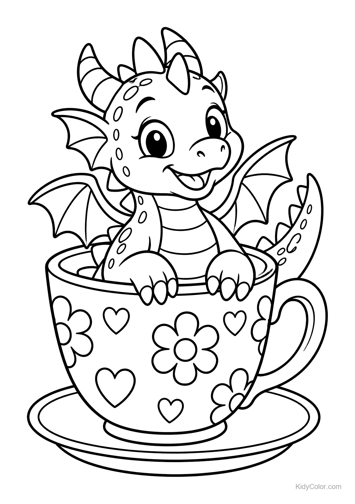 Dragão bebê sentado em uma xícara com flores e corações.