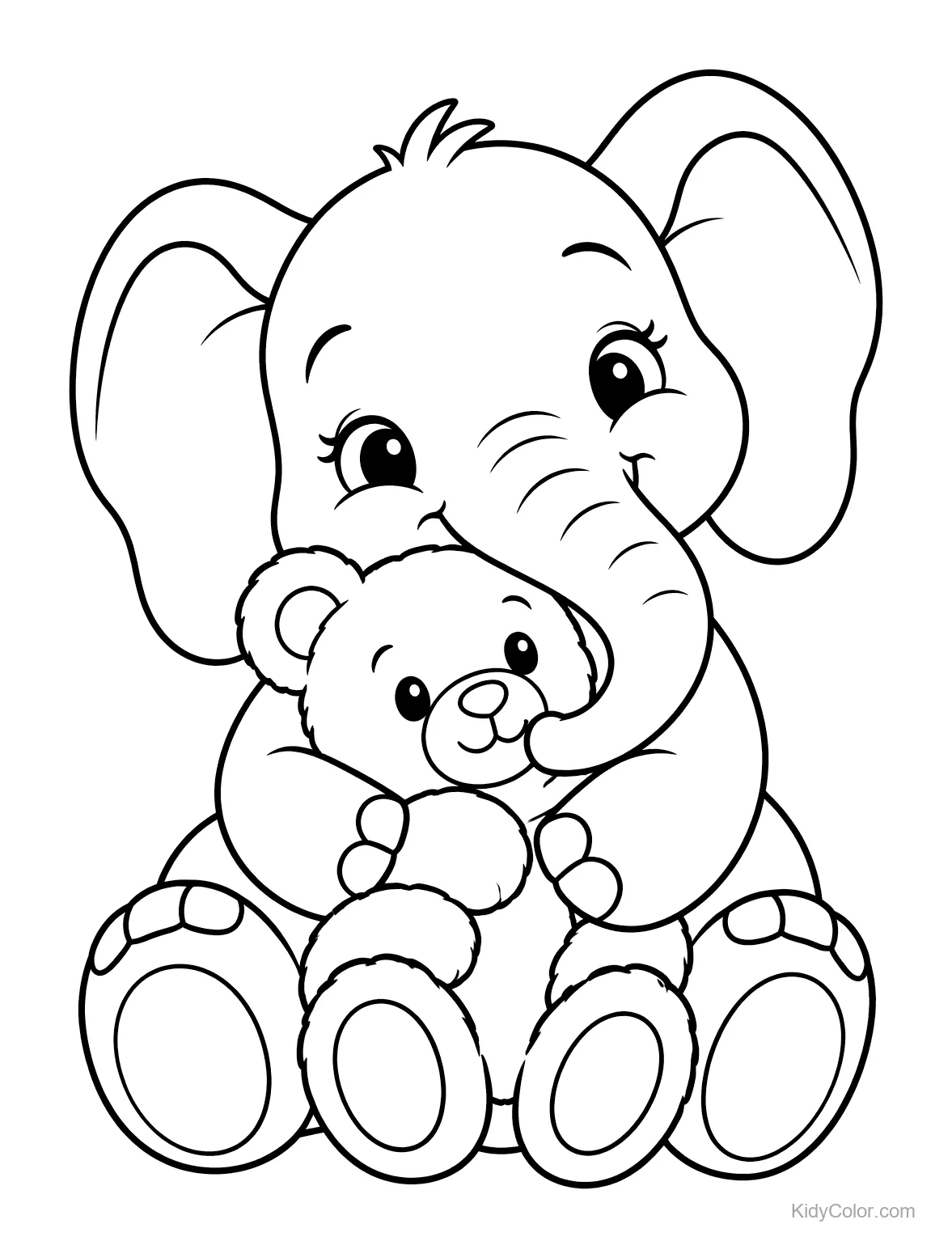 Babyolifant knuffelt een teddybeer en zit blij