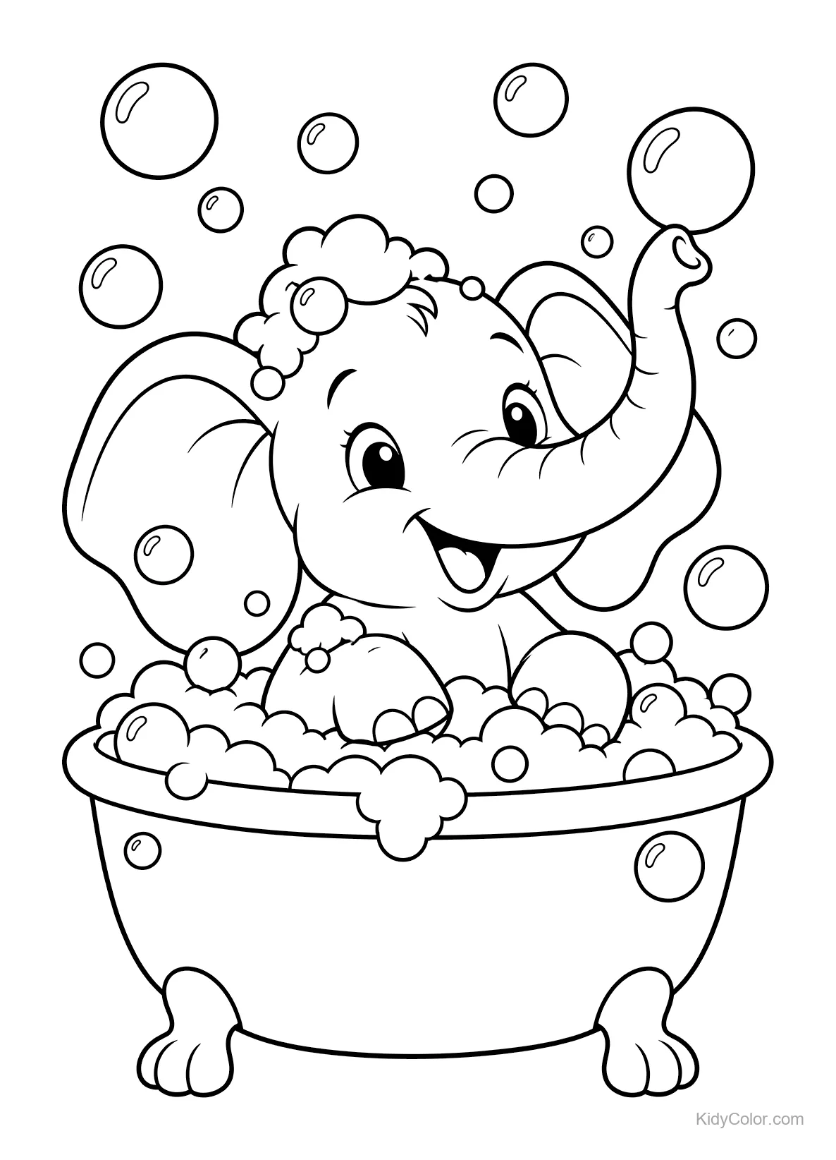 Baby-Elefant in einer Badewanne mit Seifenblasen.