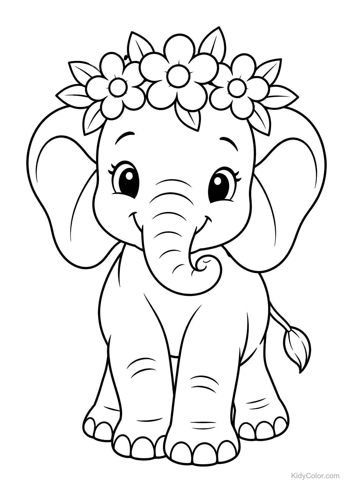 Baby-Elefant mit Blumenkrone, lächelnd.
