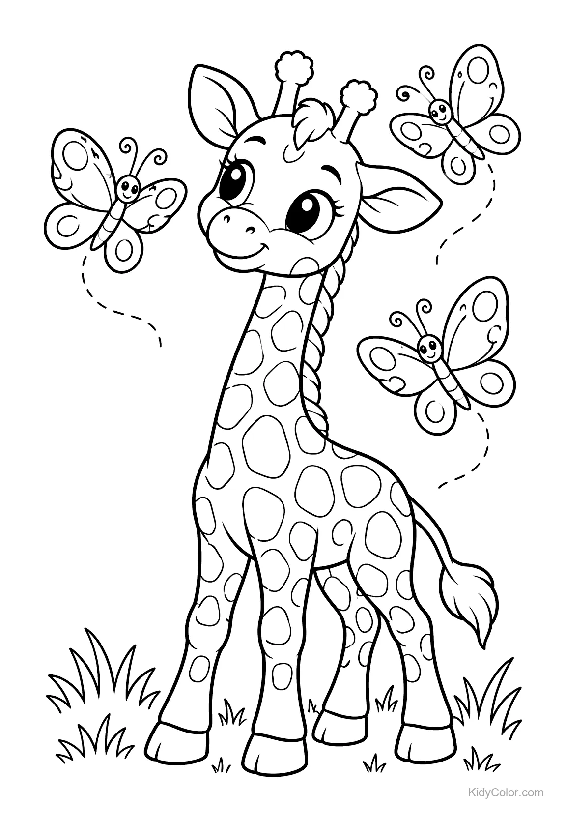 A baby giraffe with butterflies flying around it, standing in the grass.