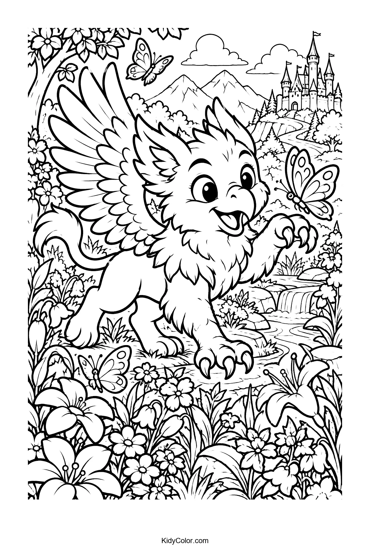 Baby griffin in a meadow surrounded by butterflies and flowers.