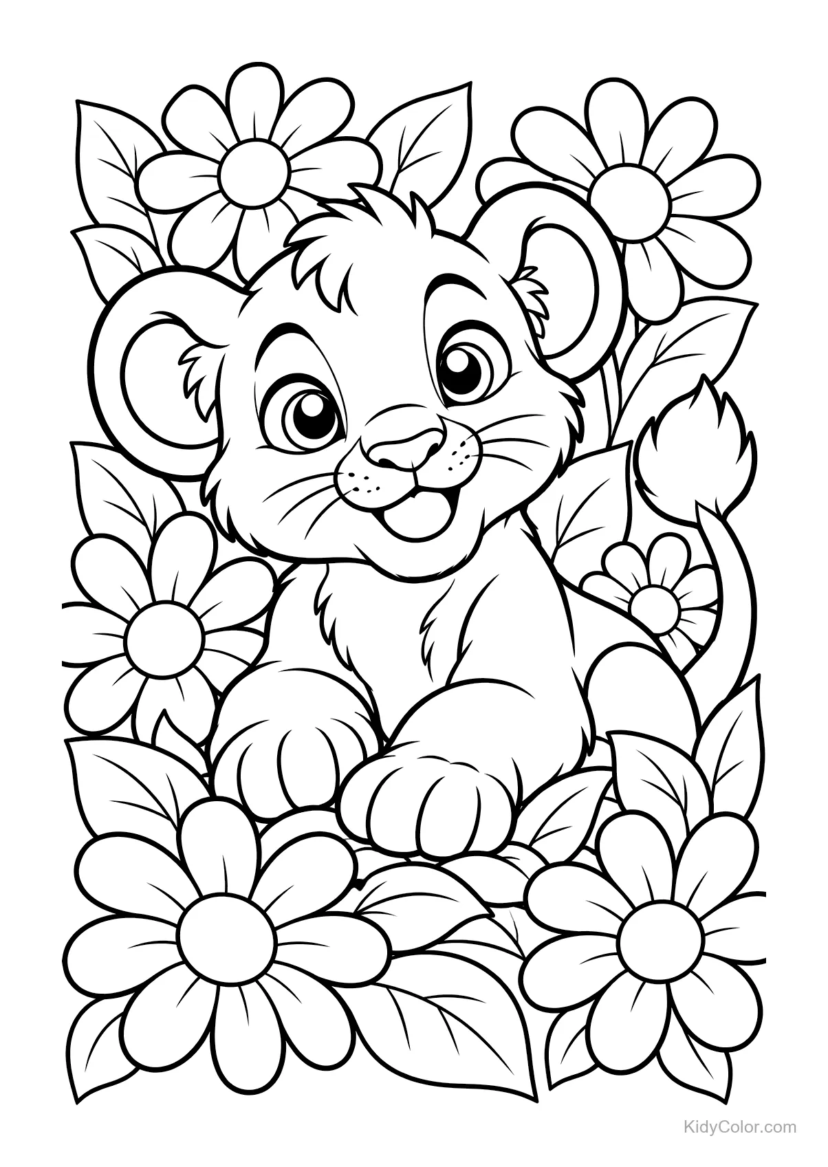 Un lionceau assis parmi de grandes fleurs.