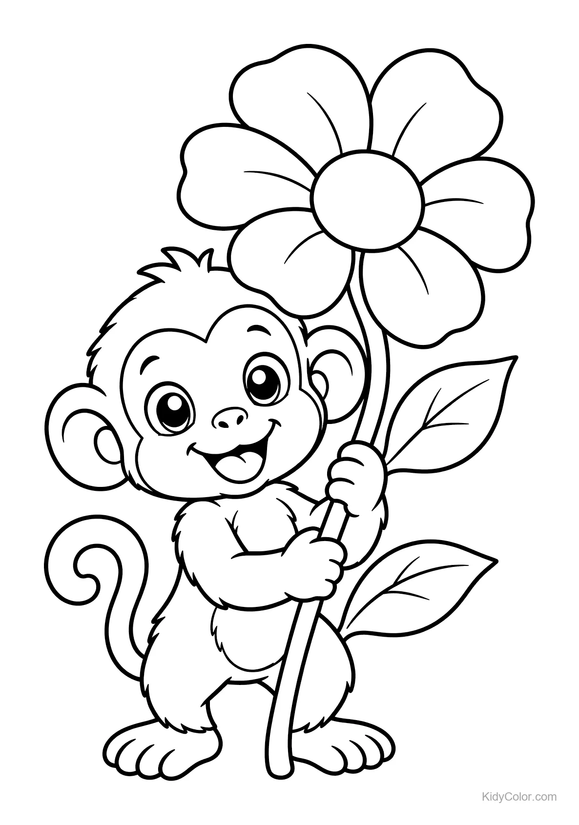 Macaco bebê em pé segurando uma flor grande com folhas.