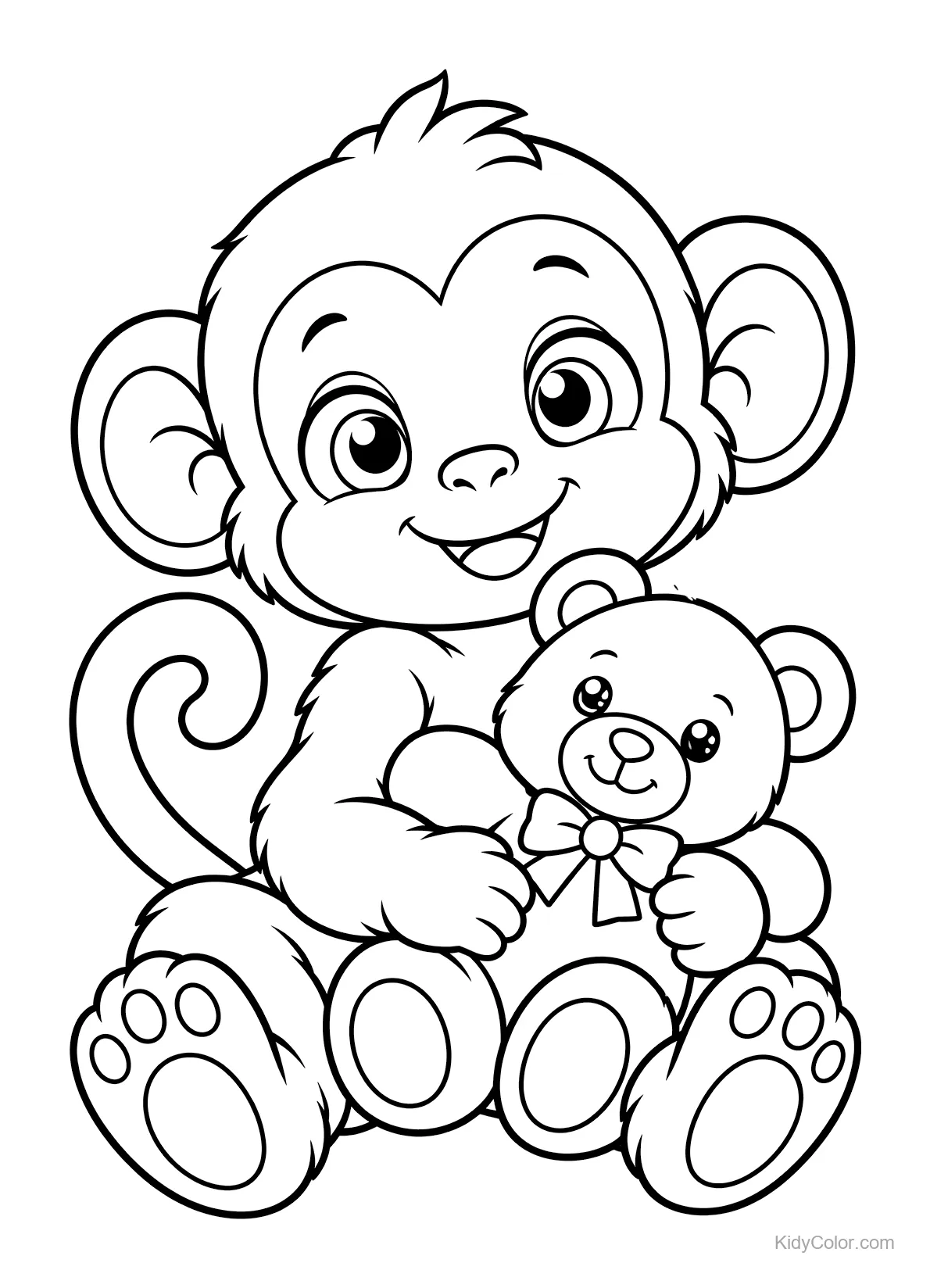 Macaco bebê segurando um ursinho de pelúcia e sorrindo.