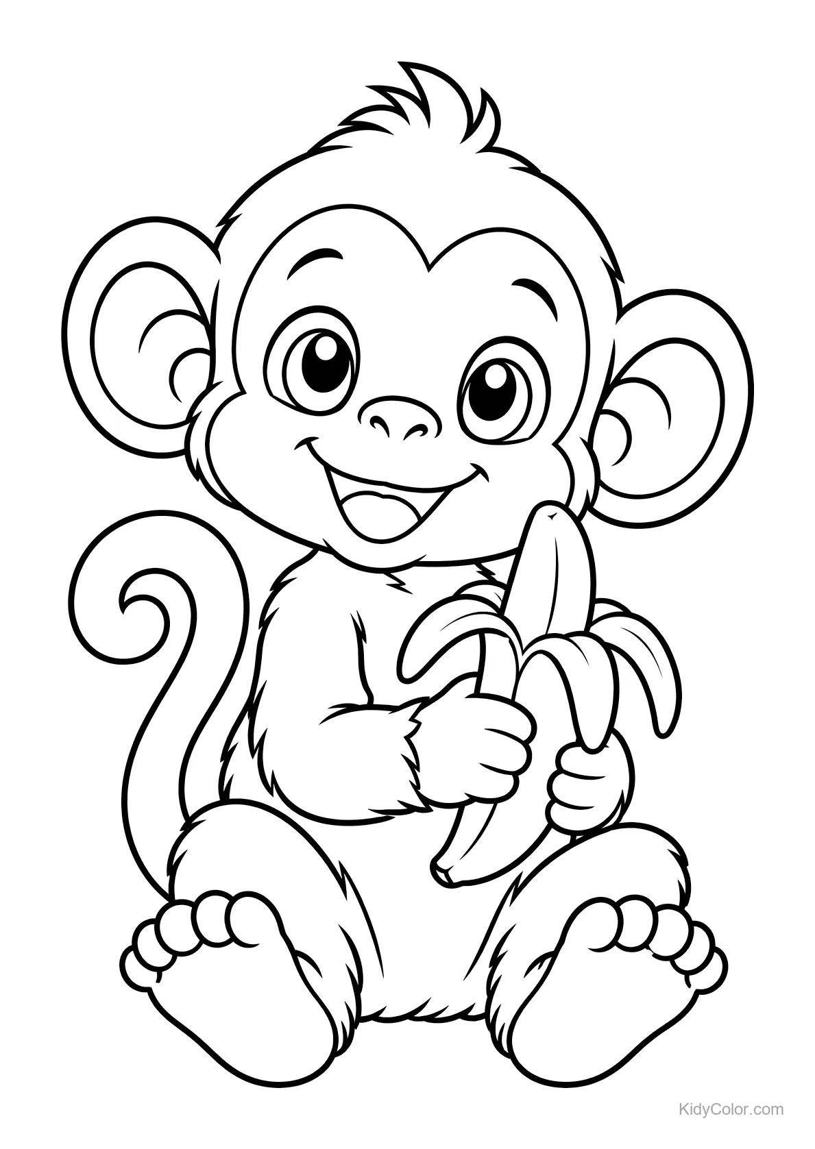 Een baby aapje dat blij een banaan vasthoudt, zittend en glimlachend.