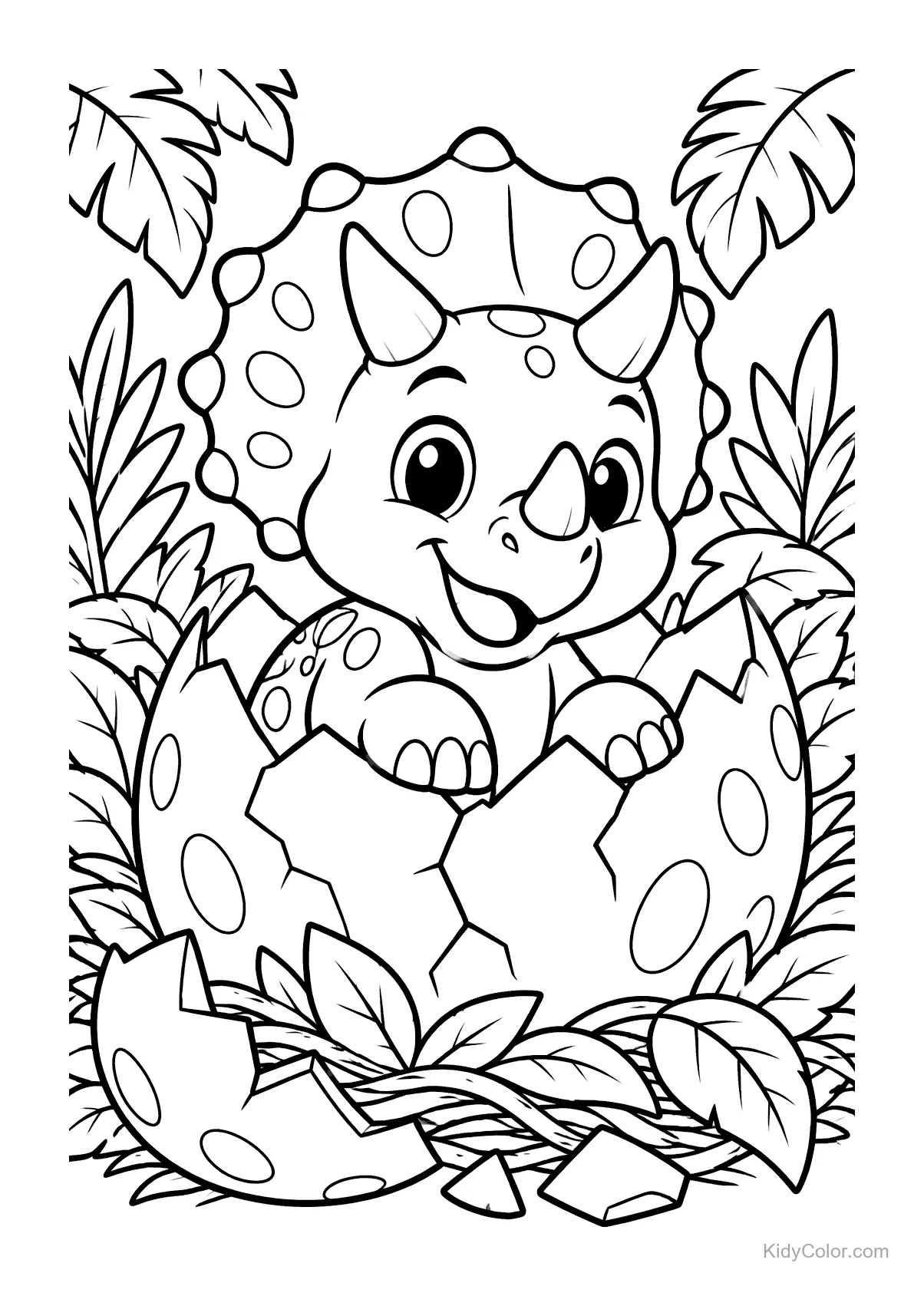 Baby triceratops hatching from an egg in a nest with leaves around.