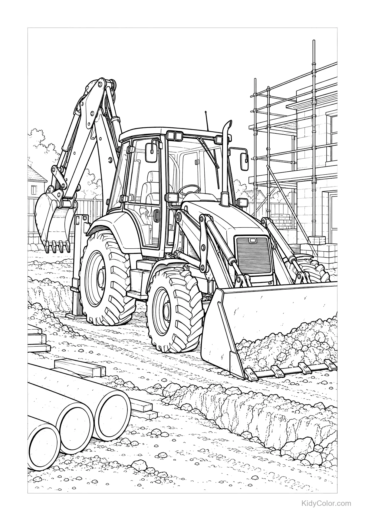 Backhoe loader at a construction site with scaffolding and building materials.