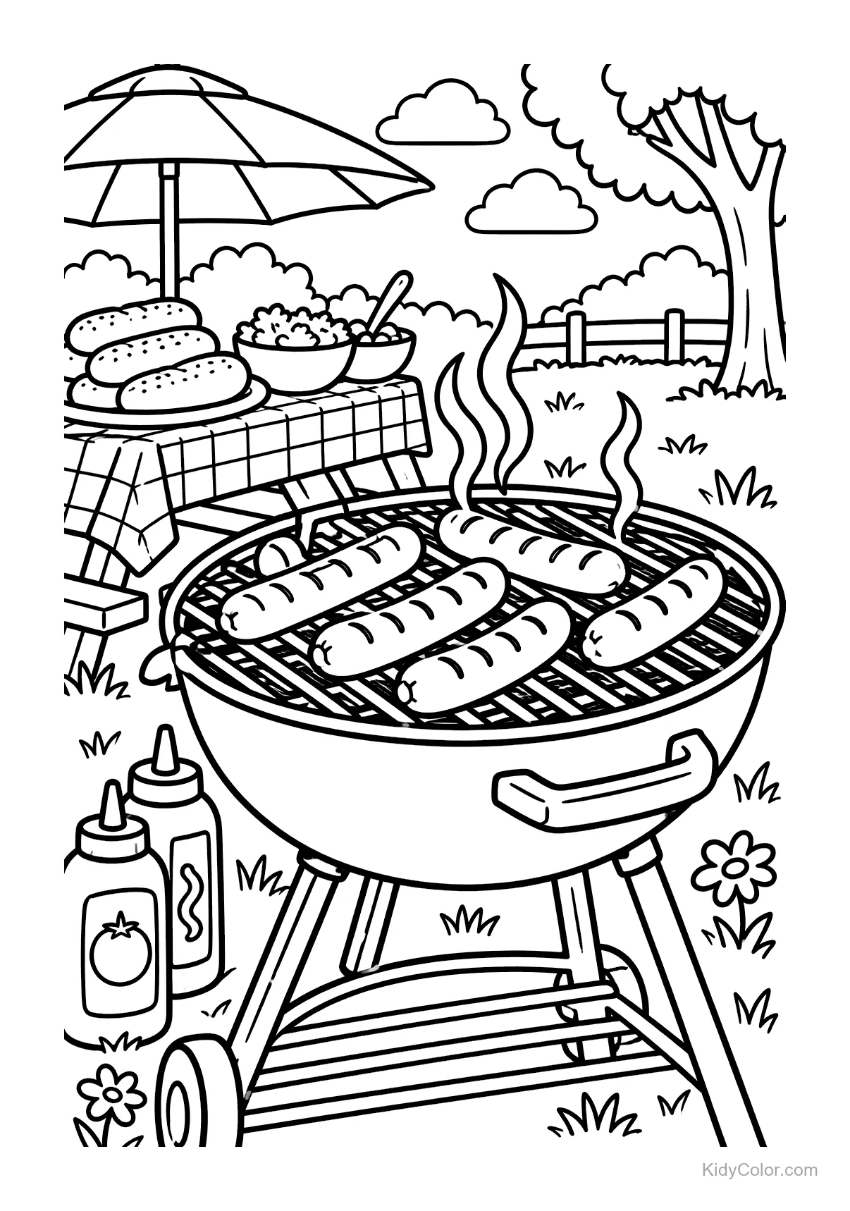 Barbecue grill with sausages, picnic table with buns and condiments.