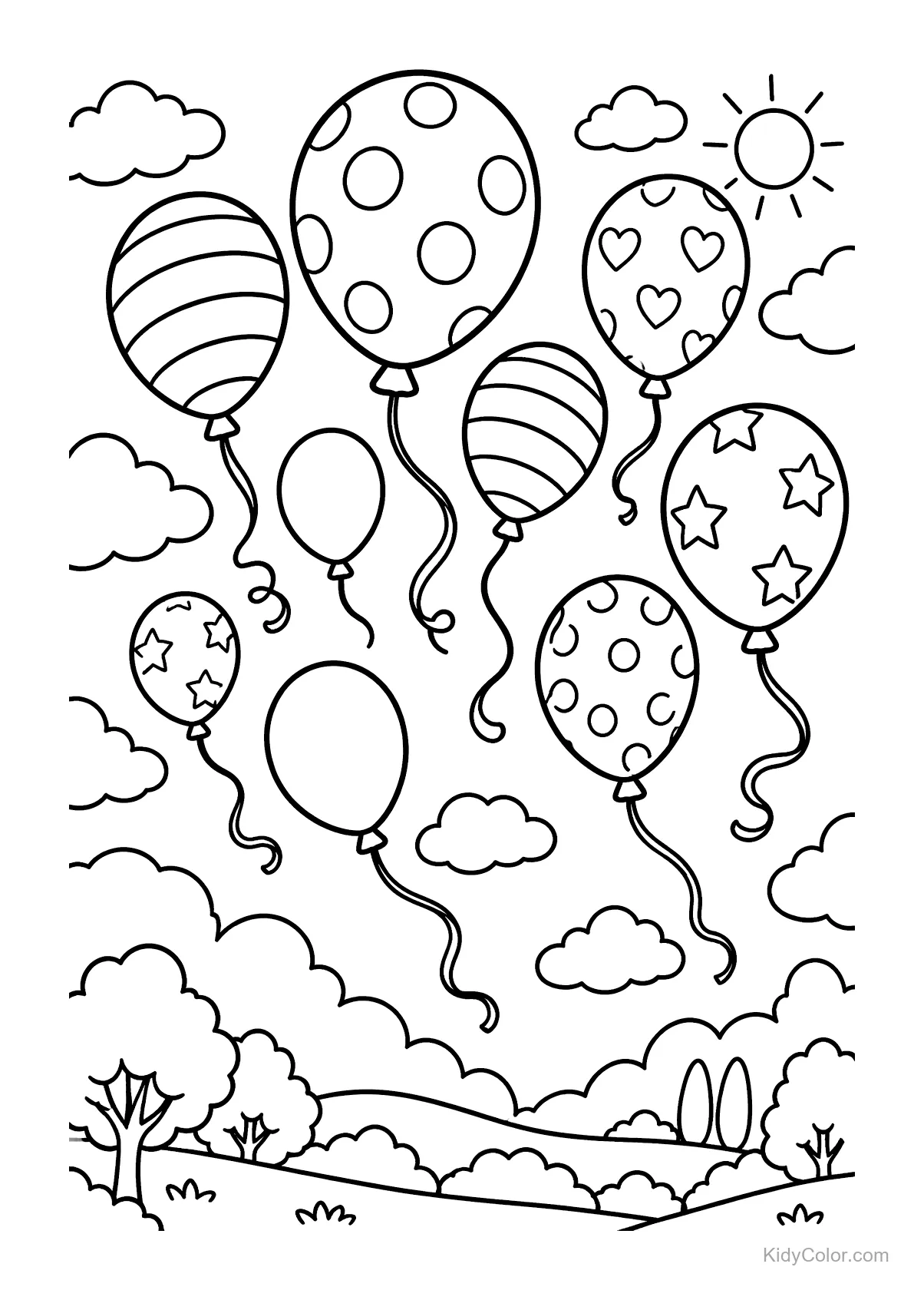 Balloons floating in a countryside sky with clouds and a sun.