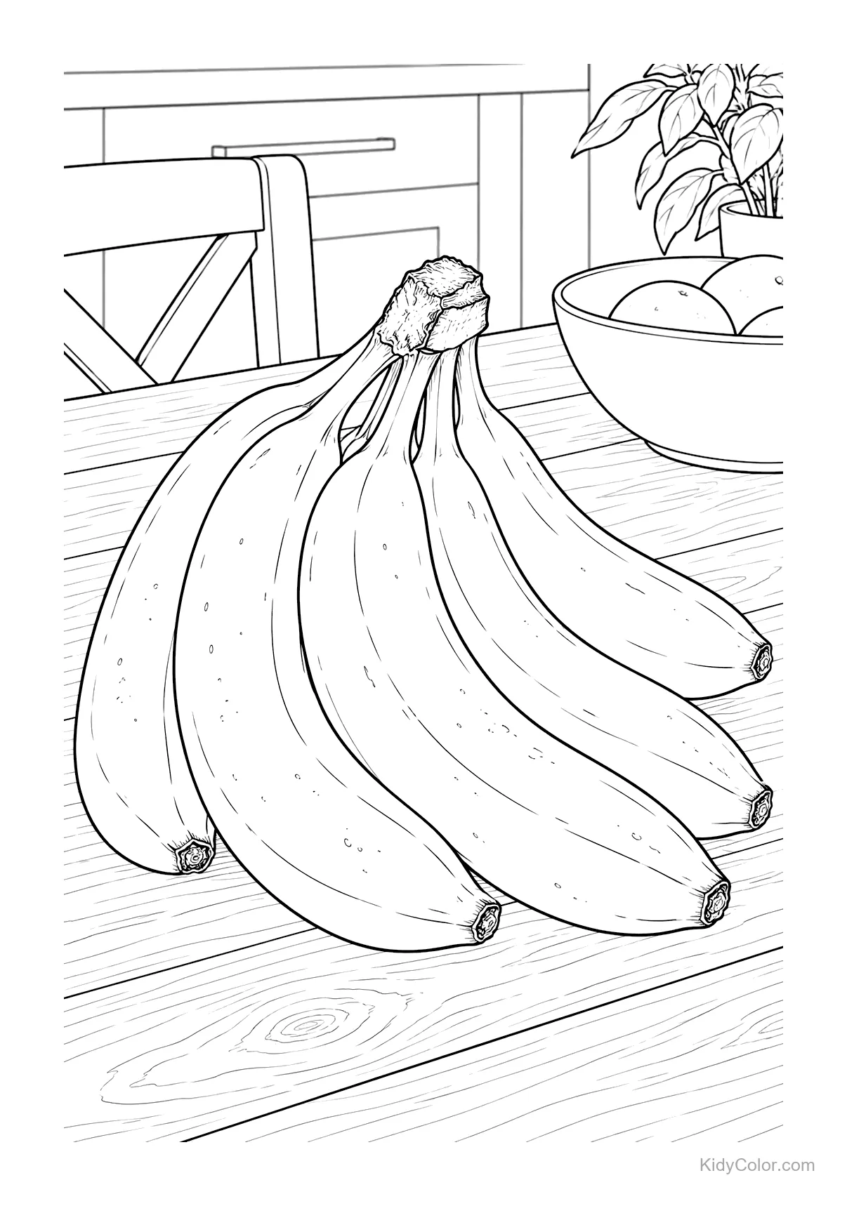 A bunch of bananas on a table with a bowl of fruit in the background.