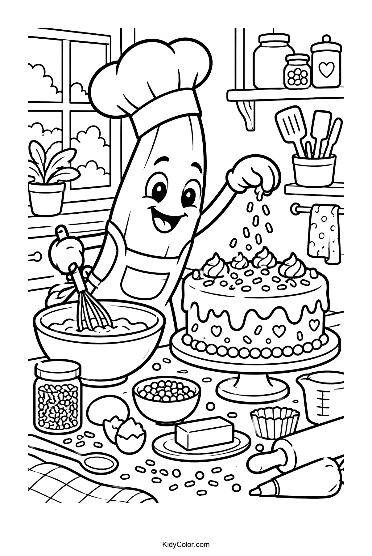 Banana chef wearing a hat, baking a cake with various kitchen items around.