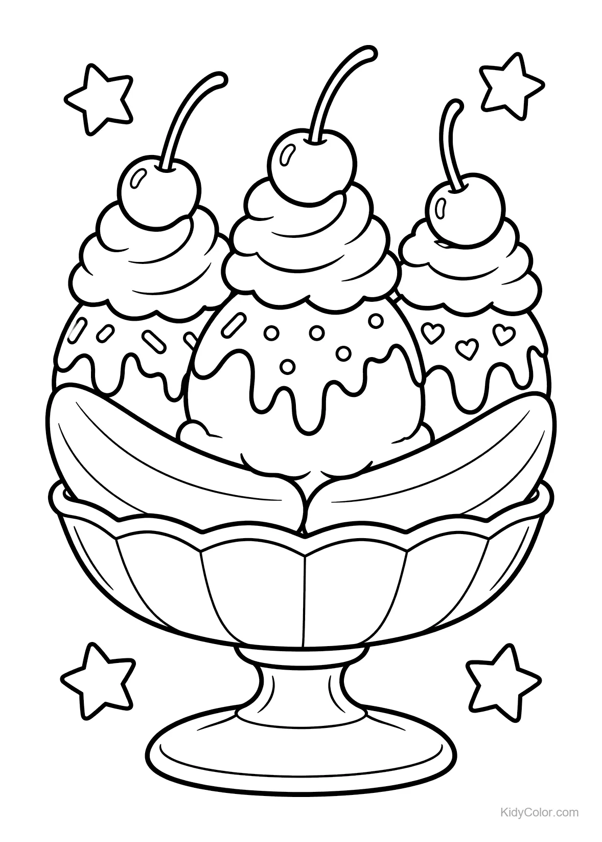 Banana split con gelato, panna montata e ciliegie.