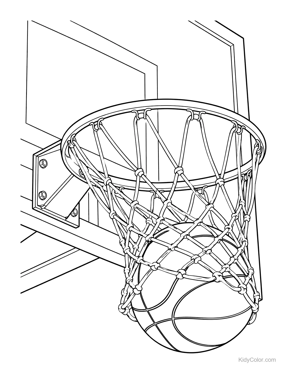 A basketball swishing through a net attached to a backboard.