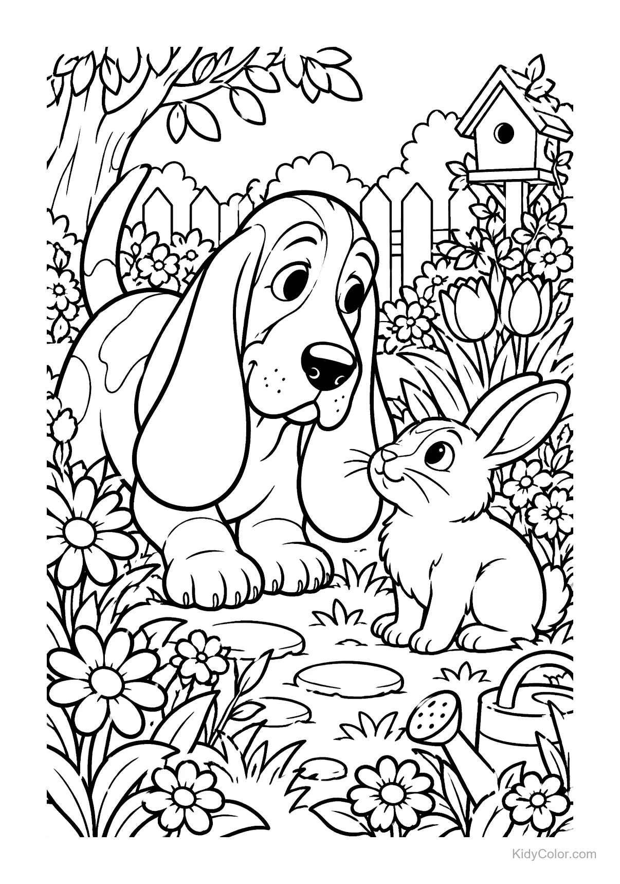 Basset Hound and bunny in a garden with flowers and a birdhouse.