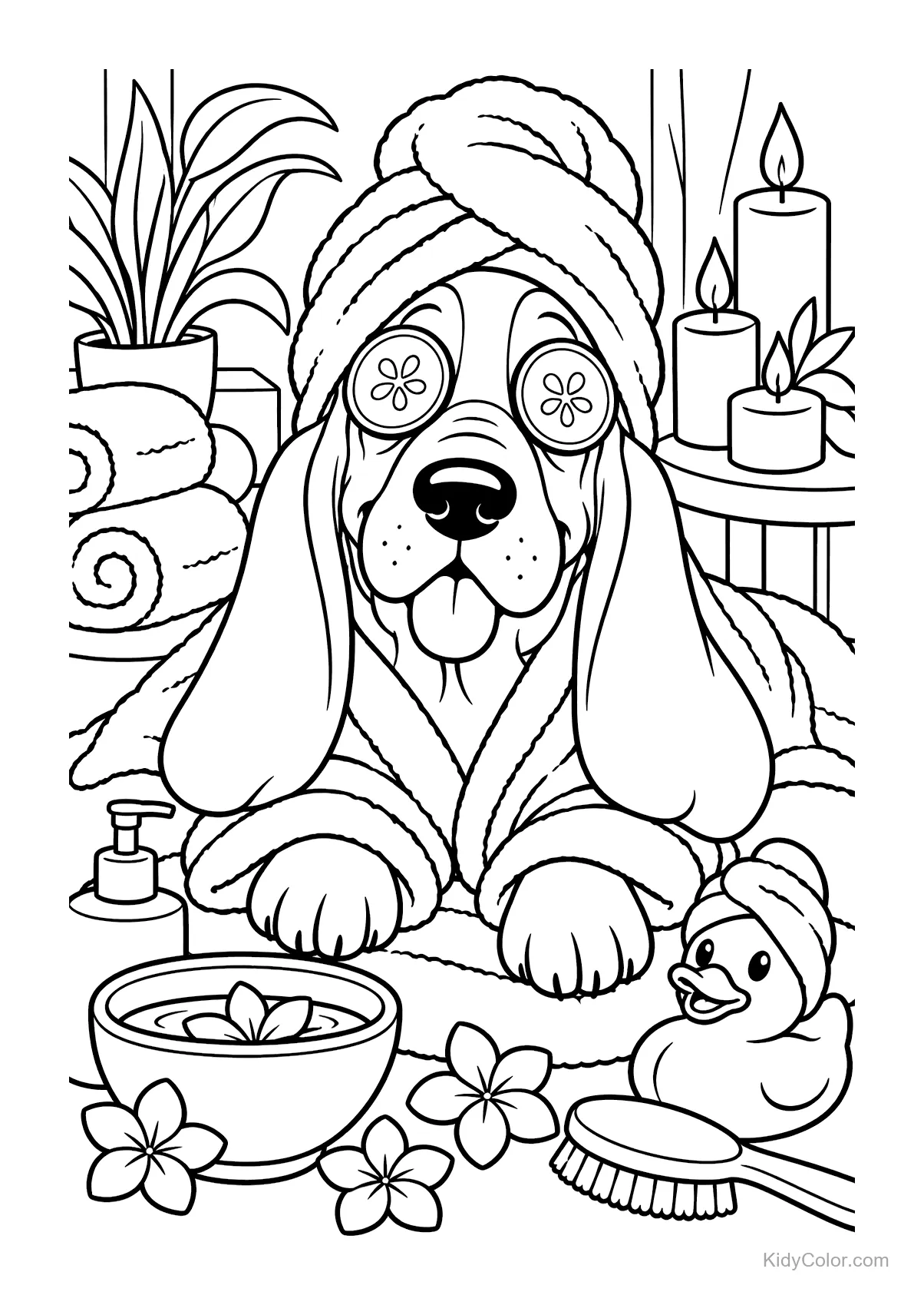 A Basset Hound with cucumbers on its eyes in a spa setting.