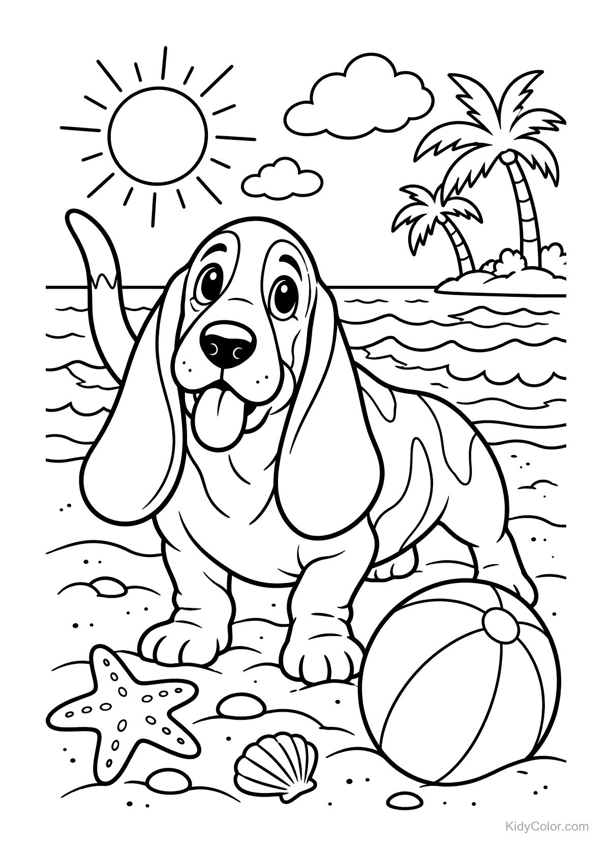 Basset hound on a beach with a ball and seashells.