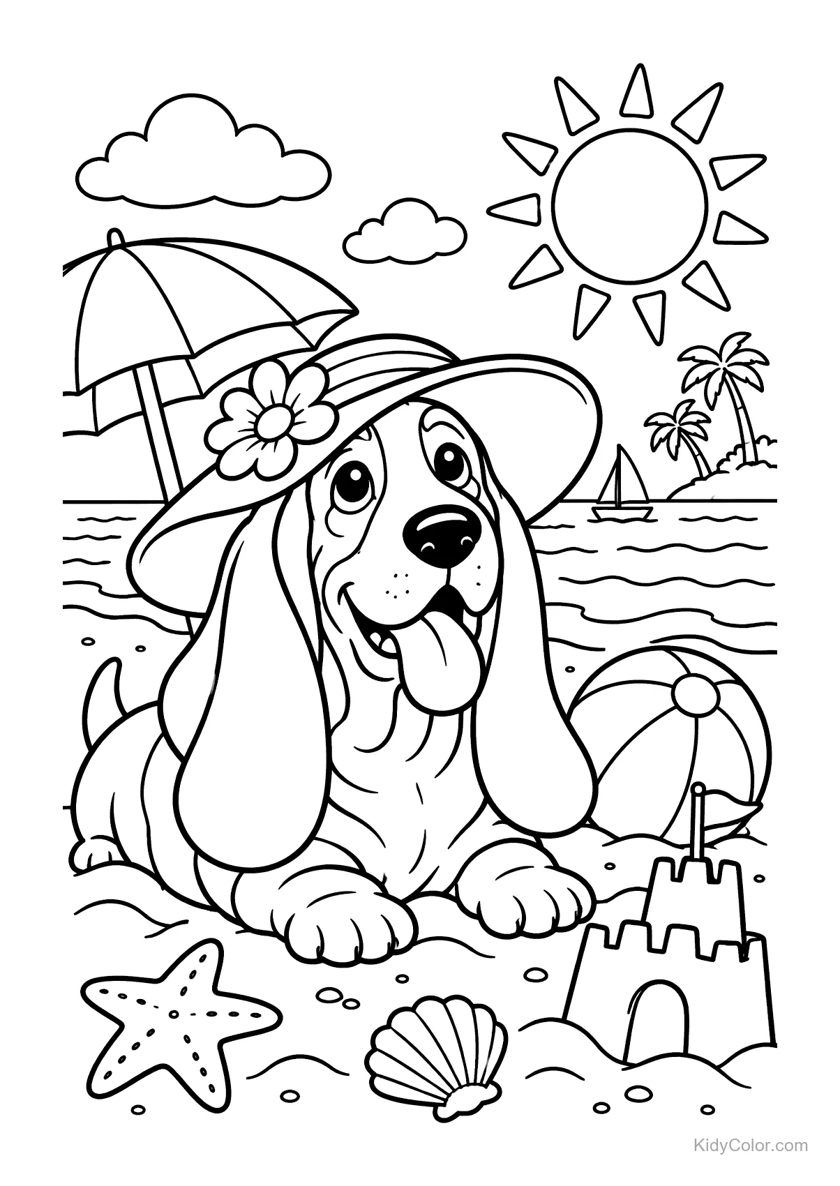 Basset Hound wearing a sunhat on a beach with accessories.