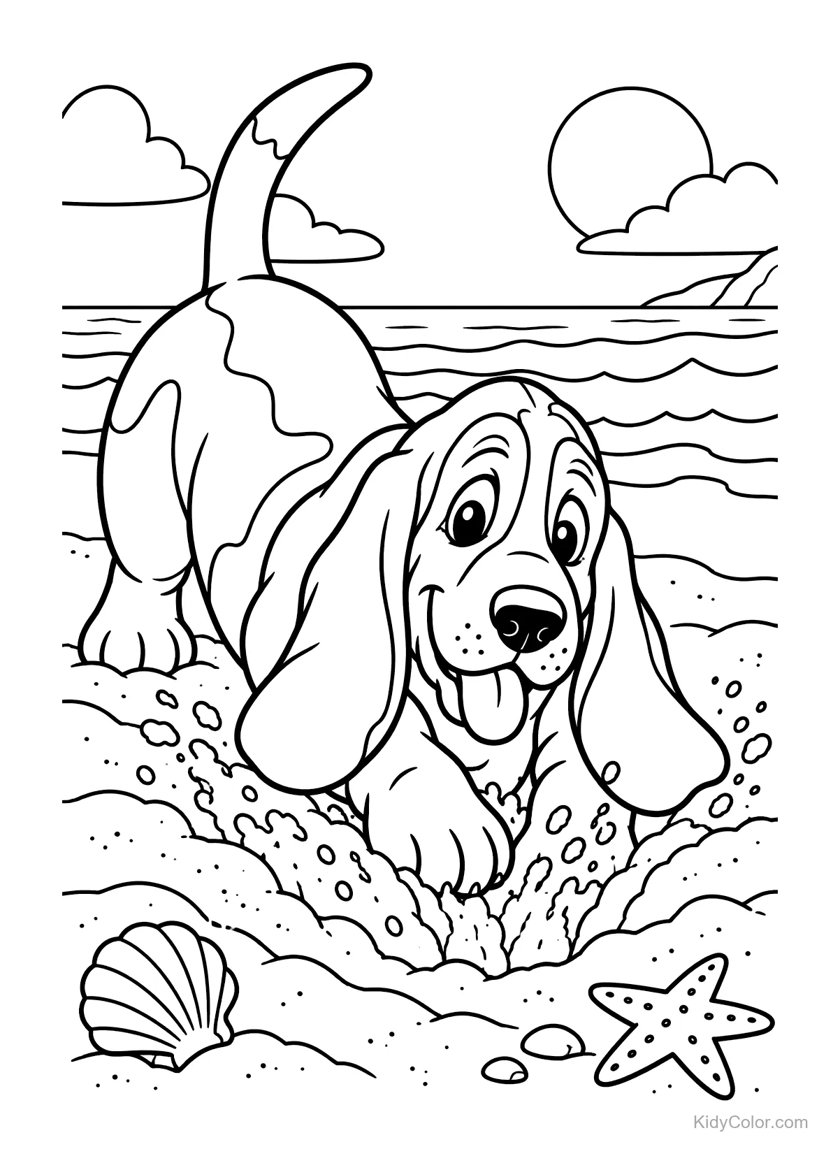 Basset Hound digging in sand on a beach with waves and starfish.