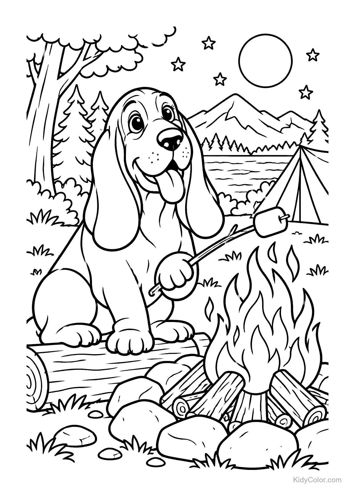 Basset Hound roasting a marshmallow by a campfire at a lake.