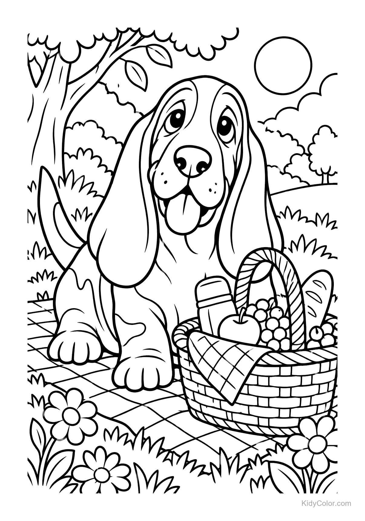 Basset Hound sitzt neben einem Picknickkorb mit Bäumen und Sonne.