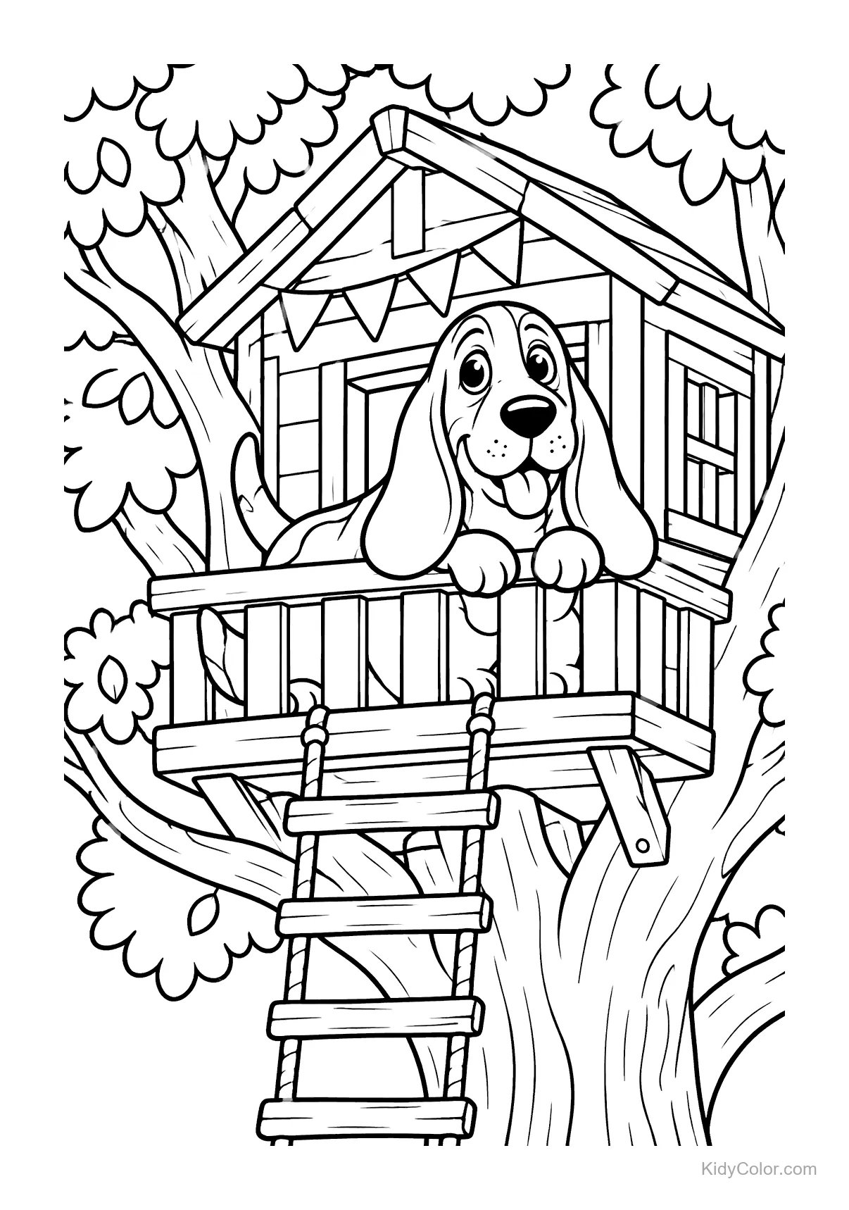 Basset Hound schaut aus einem Baumhaus mit Leiter.