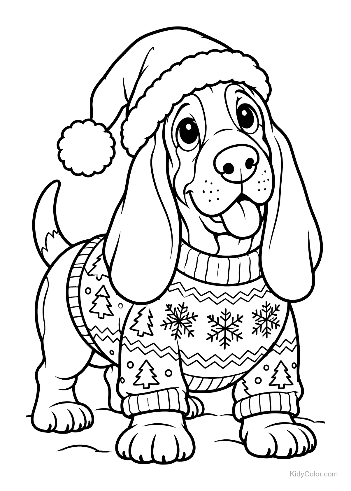 Basset Hound wearing a festive sweater and holiday hat.