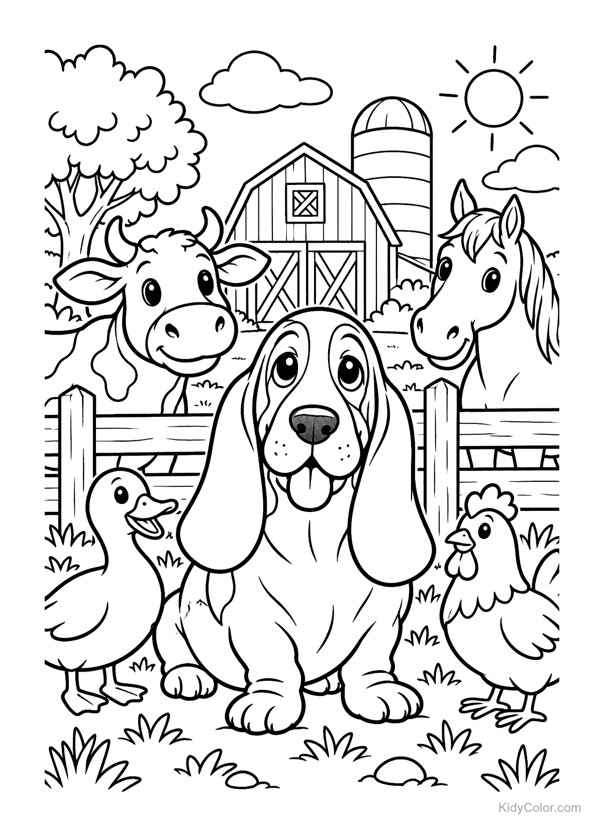 Basset Hound sitting with a duck, chicken, cow, and horse on a farm.